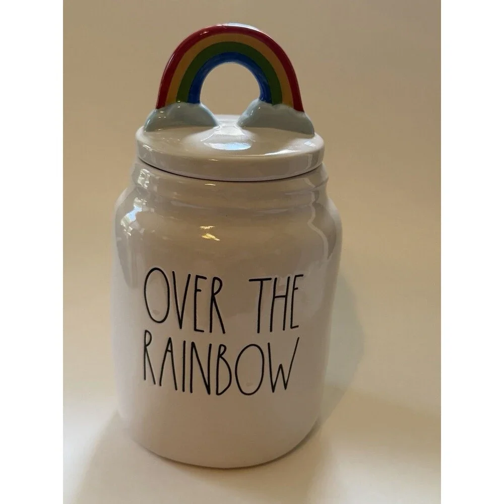 Rae Dunn OVER THE RAINBOW Jar Canister Ceramic Cloud Rainbow Lid Storage LGBT